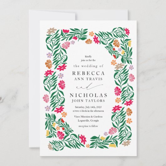 Einladung von Folk Floral Frame Hochzeit (Vorderseite)