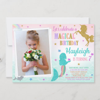 Einladung von Foto Mermaid und Unicorn zum Geburts