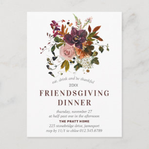 Einladung von Friendsgiving Burgundy Red Floral Postkarte