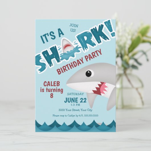 Einladung von Fun Shark Birthday (Stehend Vorderseite)