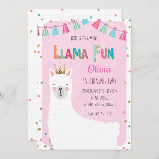Einladung von Girl Llama zum Geburtstag (Vorne/Hinten)