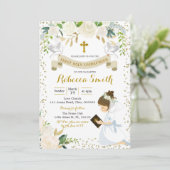 Einladung von Girl White Floral First Heilige Komm (Stehend Vorderseite)
