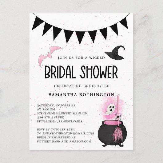 Einladung von Girly Wicked Halloween Bridal Dusche Postkarte (Vorderseite)