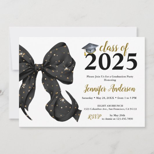 Einladung von Glamour Black/Gold Bow Graduation Pa (Vorderseite)