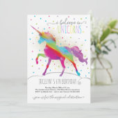Einladung von Gold Glitzer und Regenbogen Einhorn (Stehend Vorderseite)