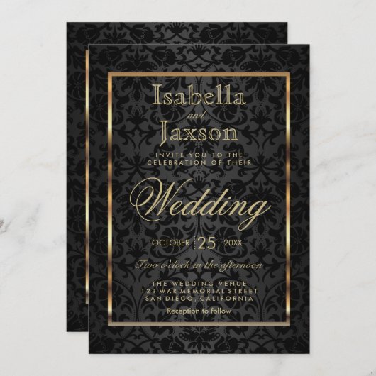 Einladung von Gold und Black Damask (Vorne/Hinten)