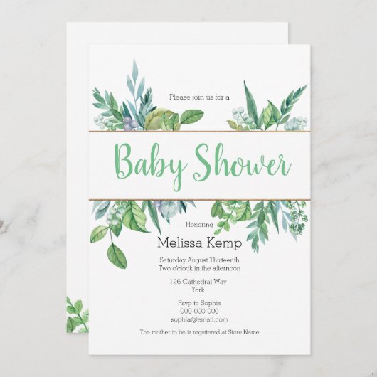 Einladung von Green and Gold Foliage Baby Shower (Vorne/Hinten)