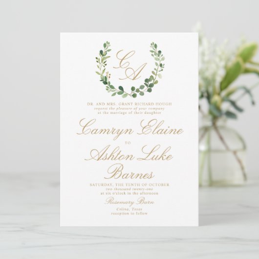 Einladung von Greenery Monogram Wedding (Stehend Vorderseite)