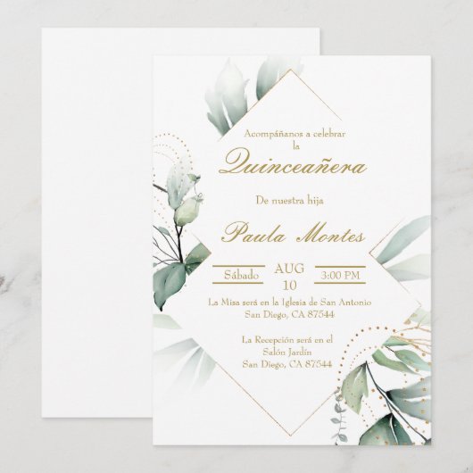 Einladung von Greenery Quinceañera (Vorne/Hinten)