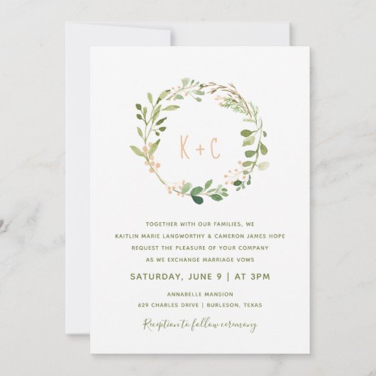 Einladung von Greenery Wreath Wedding - Peach (Vorderseite)