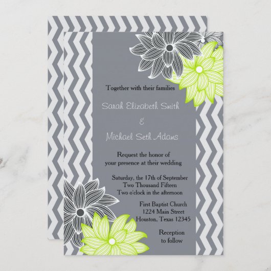 Einladung von Grey Lime Green Zickzack Floral Wedd (Vorne/Hinten)