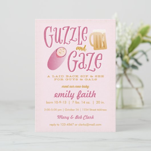 Einladung von Guzzle and Gaze Baby Shower (Stehend Vorderseite)