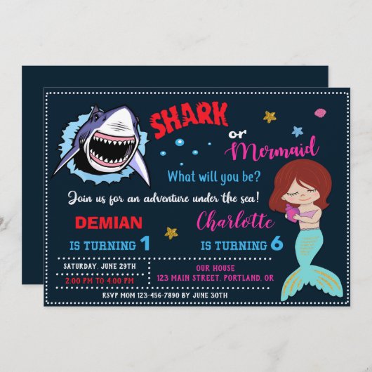 Einladung von Hai oder Meerjungfrau zum 1. Geburts (Vorne/Hinten)