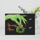 Einladung von Halloween-Party - grüne Hexe (Stehend Vorderseite)