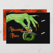 Einladung von Halloween-Party - grüne Hexe (Vorne/Hinten)