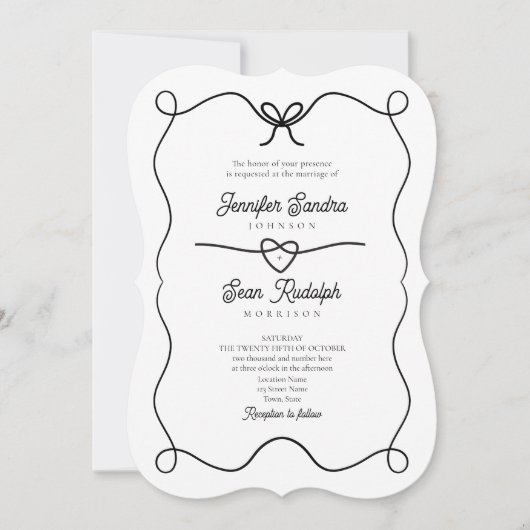 Einladung von Hand gezeichneter Bow Schwarz-Weiß-H (Vorderseite)