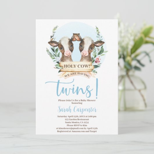 Einladung von Heiliger Kuh Twins Baby Shower Boy (Stehend Vorderseite)