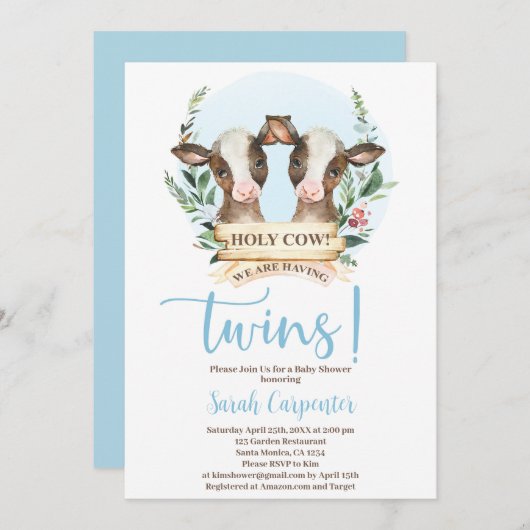 Einladung von Heiliger Kuh Twins Baby Shower Boy (Vorne/Hinten)