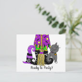 Einladung von Hexe, Katze und Spiderweb Niedlich Postkarte (Stehend Vorderseite)