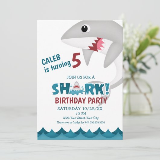 Einladung von Kids Shark Birthday Party (Stehend Vorderseite)