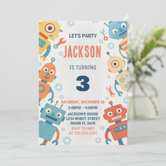 Einladung von Kindergeburtstag zu farbigen Roboter (Stehend Vorderseite)