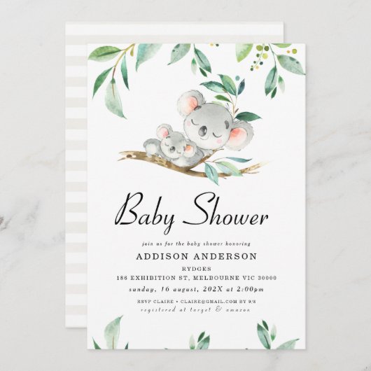 Einladung von Koala Bear and Foliage Baby Shower (Vorne/Hinten)