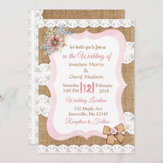 Einladung von Lace and Burlap Floral Wedding (Vorne/Hinten)