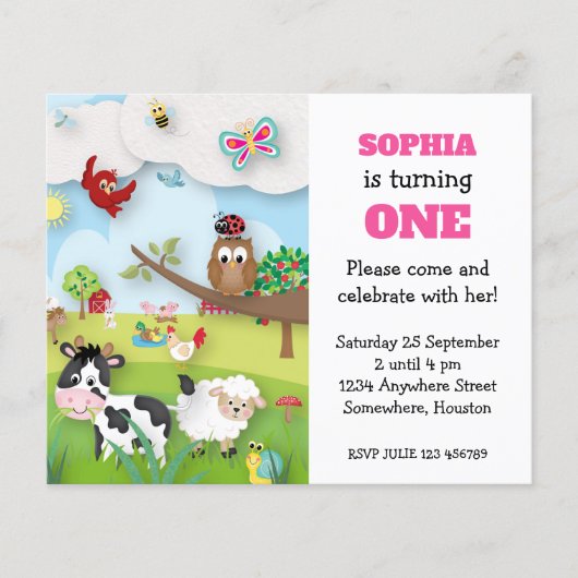 Einladung von Landtieren zum ersten Geburtstag (Vorderseite)