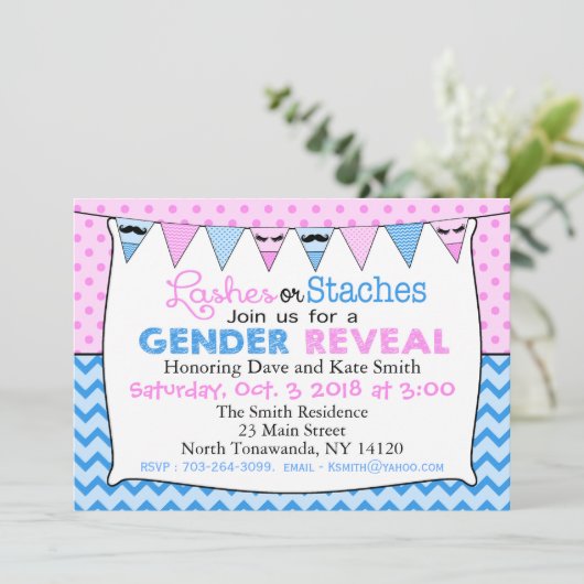 Einladung von "Lashes" oder "Staches" (Stehend Vorderseite)