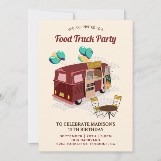Einladung von Lebensmittelfahrzeugen zur Geburtsta (Vorderseite)