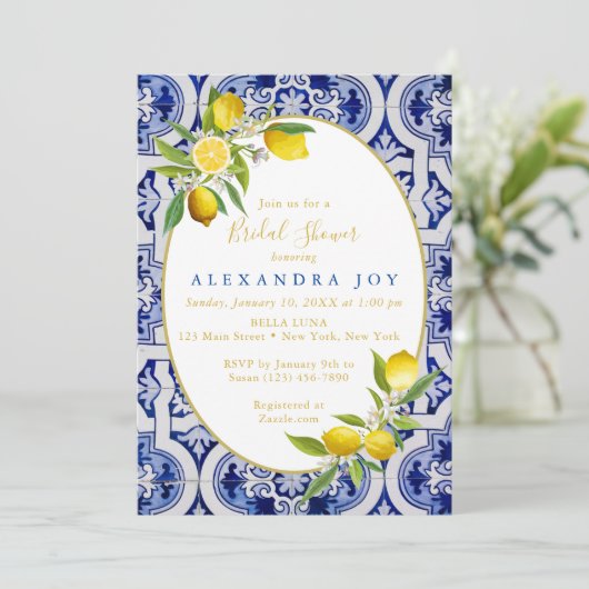 Einladung von Lemon und Blue Spanish Tile (Stehend Vorderseite)
