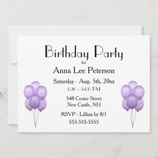 Einladung von lila Ballons (Vorderseite)