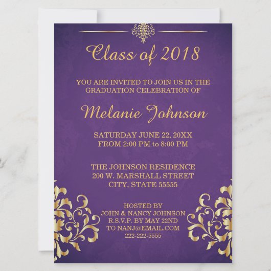 Einladung von lila- und Gold-Abschlüssen (Rückseite)