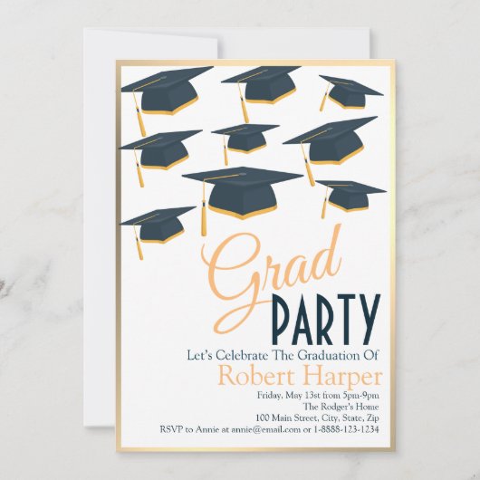 Einladung von Lustrous Navy & Gold Hats Abschluss (Vorderseite)