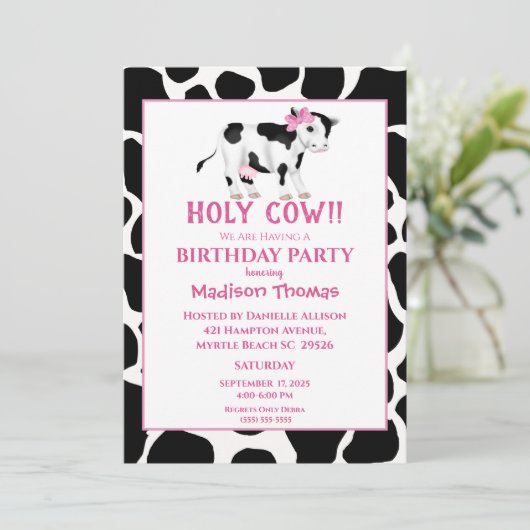Einladung von Mädchen Niedliche Kuh Rosa Geburtsta (Stehend Vorderseite)
