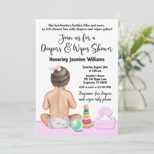 Einladung von Mädchen-Windeln und Wischsäckchen (Stehend Vorderseite)