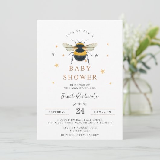 Einladung von Mami to Bee Bumblebee Baby Shower (Stehend Vorderseite)
