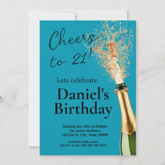 Einladung von Männern Aquamarin Black 21. Geburtst (Vorderseite)