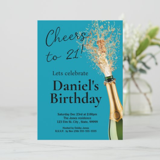 Einladung von Männern Aquamarin Black 21. Geburtst (Stehend Vorderseite)