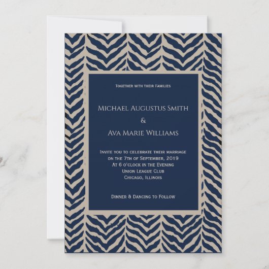 Einladung von Marine & Taupe Herringbone zur Hochz (Vorderseite)