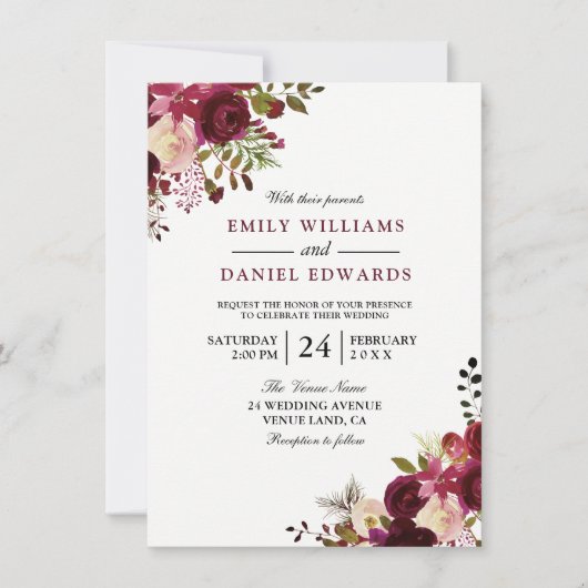 Einladung von Marsala Burgundy Red Floral Wedding (Vorderseite)