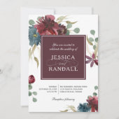 Einladung von Marsala Red and Navy Floral Wedding (Vorderseite)