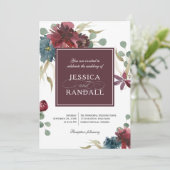 Einladung von Marsala Red and Navy Floral Wedding (Stehend Vorderseite)