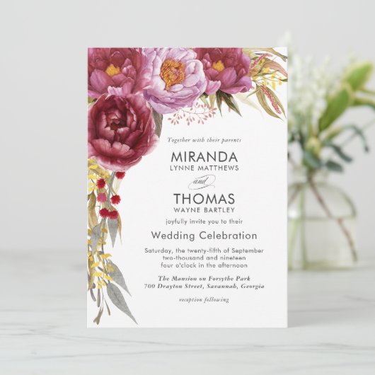 Einladung von Marsala Watercolor Floral Wedding (Stehend Vorderseite)