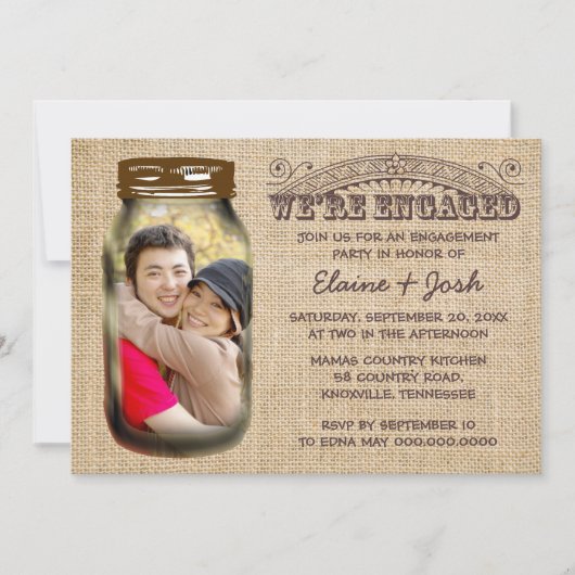 Einladung von Mason Jar Rustic Burlap Engagement P (Vorderseite)