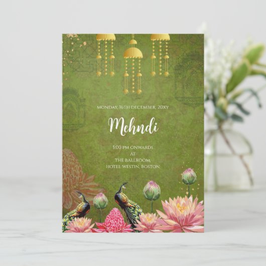 Einladung von Mehndi Digital Indian Pfau lädt ein (Stehend Vorderseite)