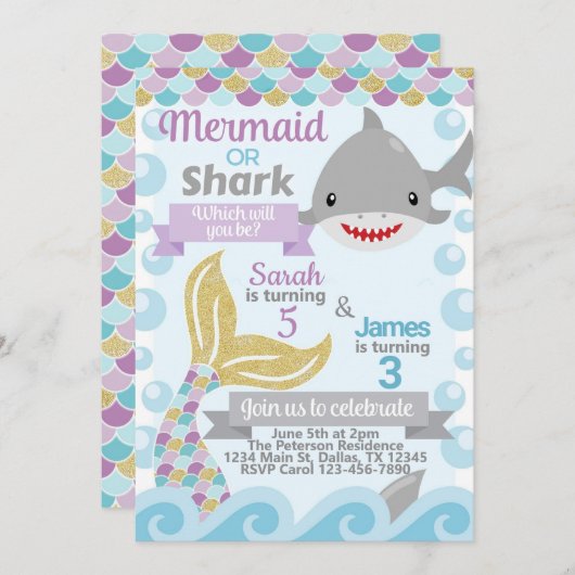Einladung von Mermaid Shark Birthday Party (Vorne/Hinten)