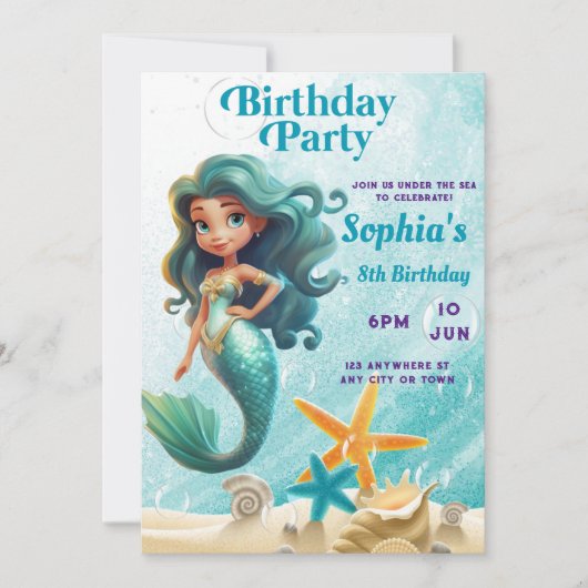 Einladung von Mermaid zum Geburtstag im Meer (Vorderseite)