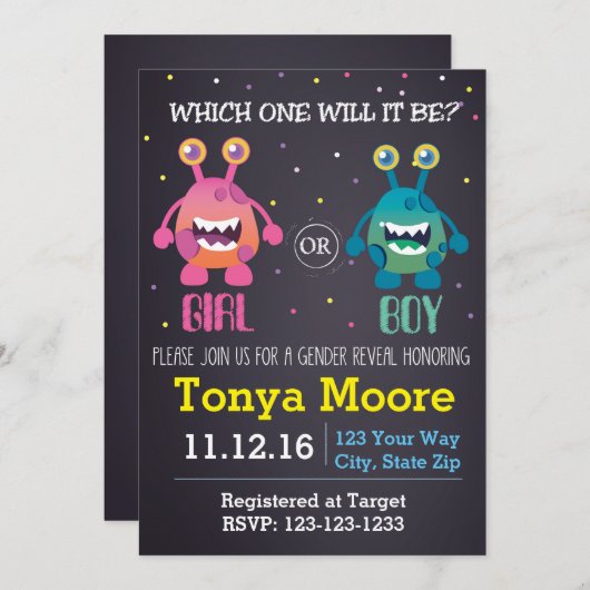 Einladung von Monster Gender Reveal Baby Shower (Vorne/Hinten)