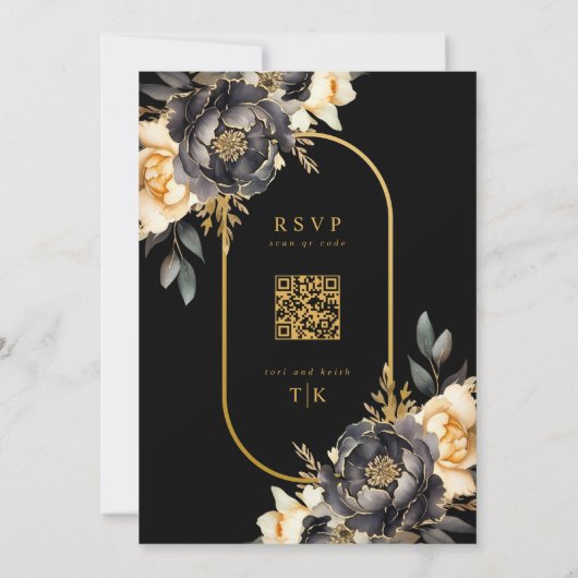 Einladung von Moody Floral Black and White QR Code (Rückseite)